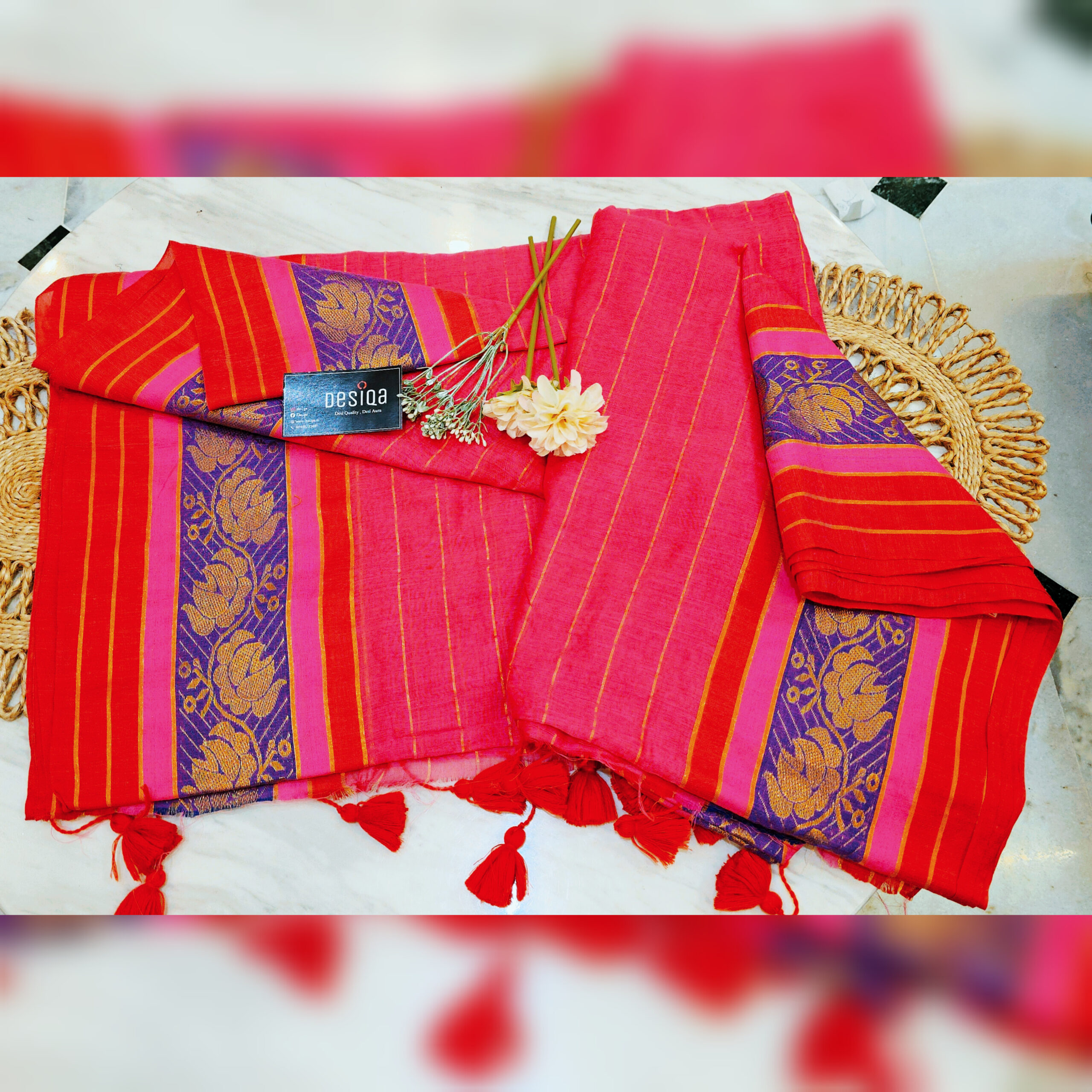 Red Colour Zari Work Mul Mul Cotton Handloom Saree - Image 3