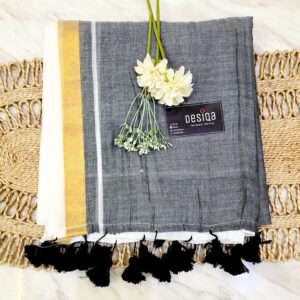 Grey & White with Golden Zari Border Mul Mul Cotton Handloom Saree
