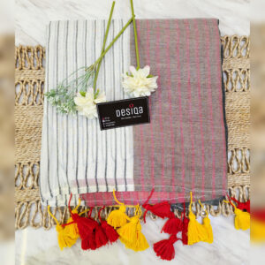 Yellow & White Strip, Pink Body Mul Mul Cotton Handloom Saree