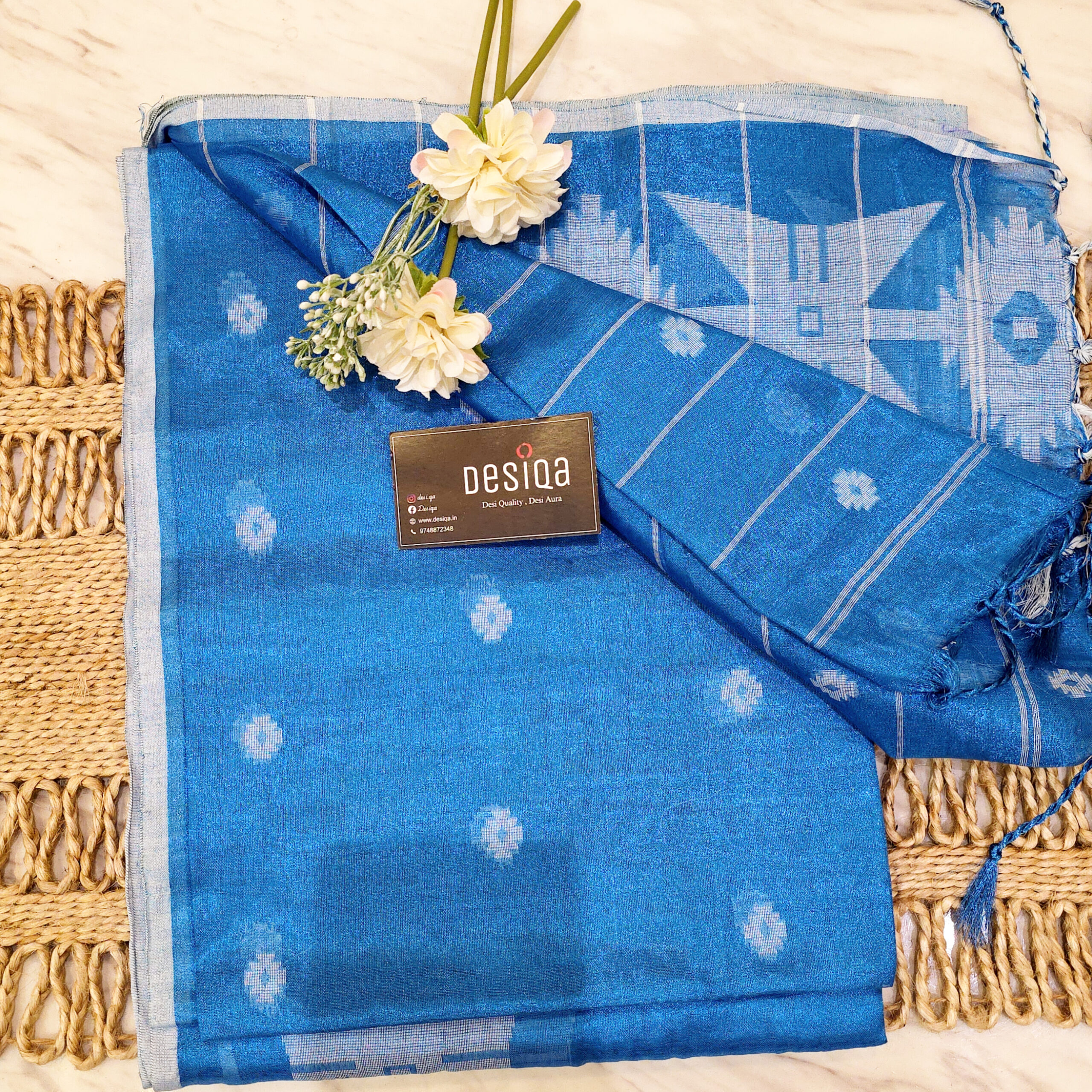Blue Colour Cotton Tissue Jamdani Work Saree - Image 2