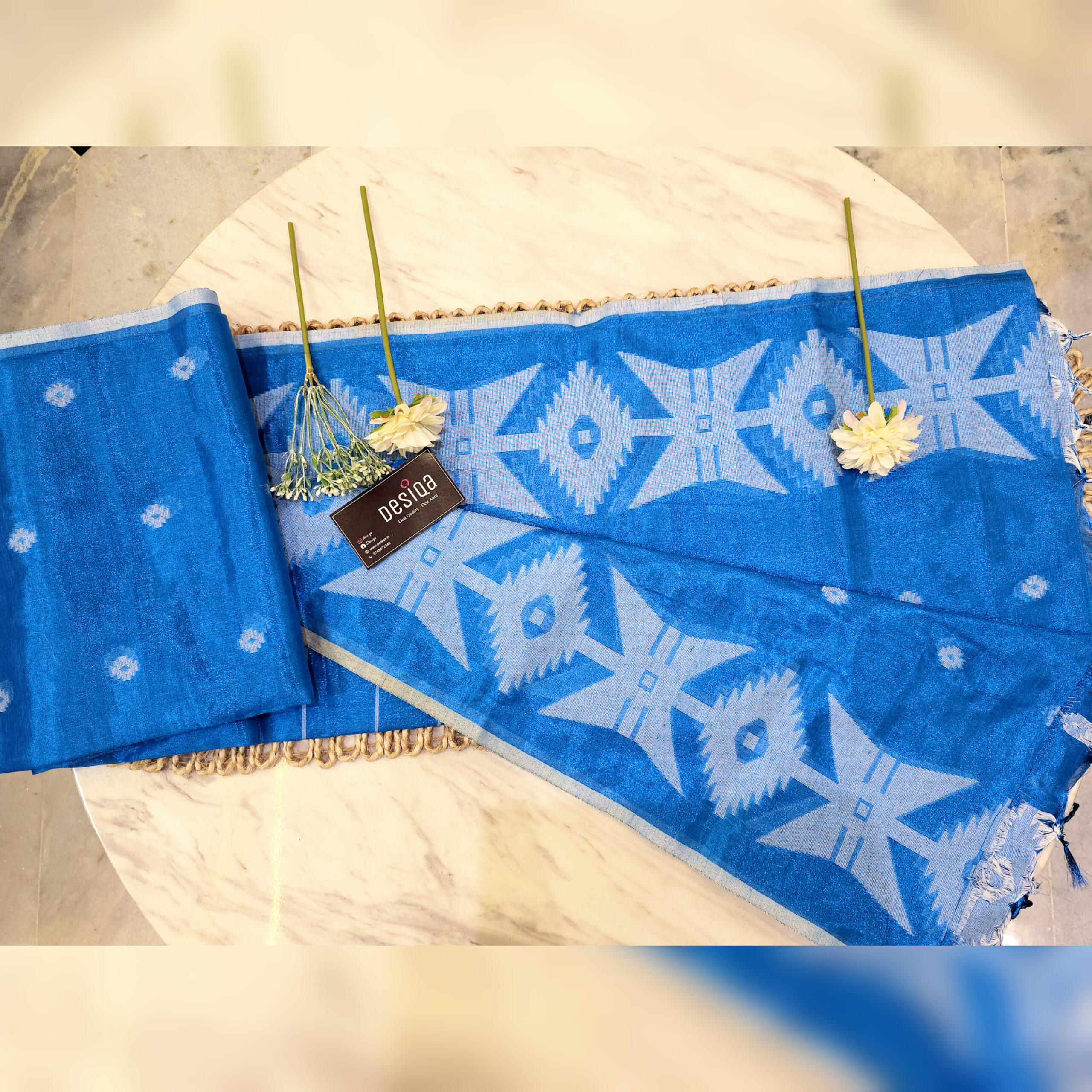 Blue Colour Cotton Tissue Jamdani Work Saree - Image 3