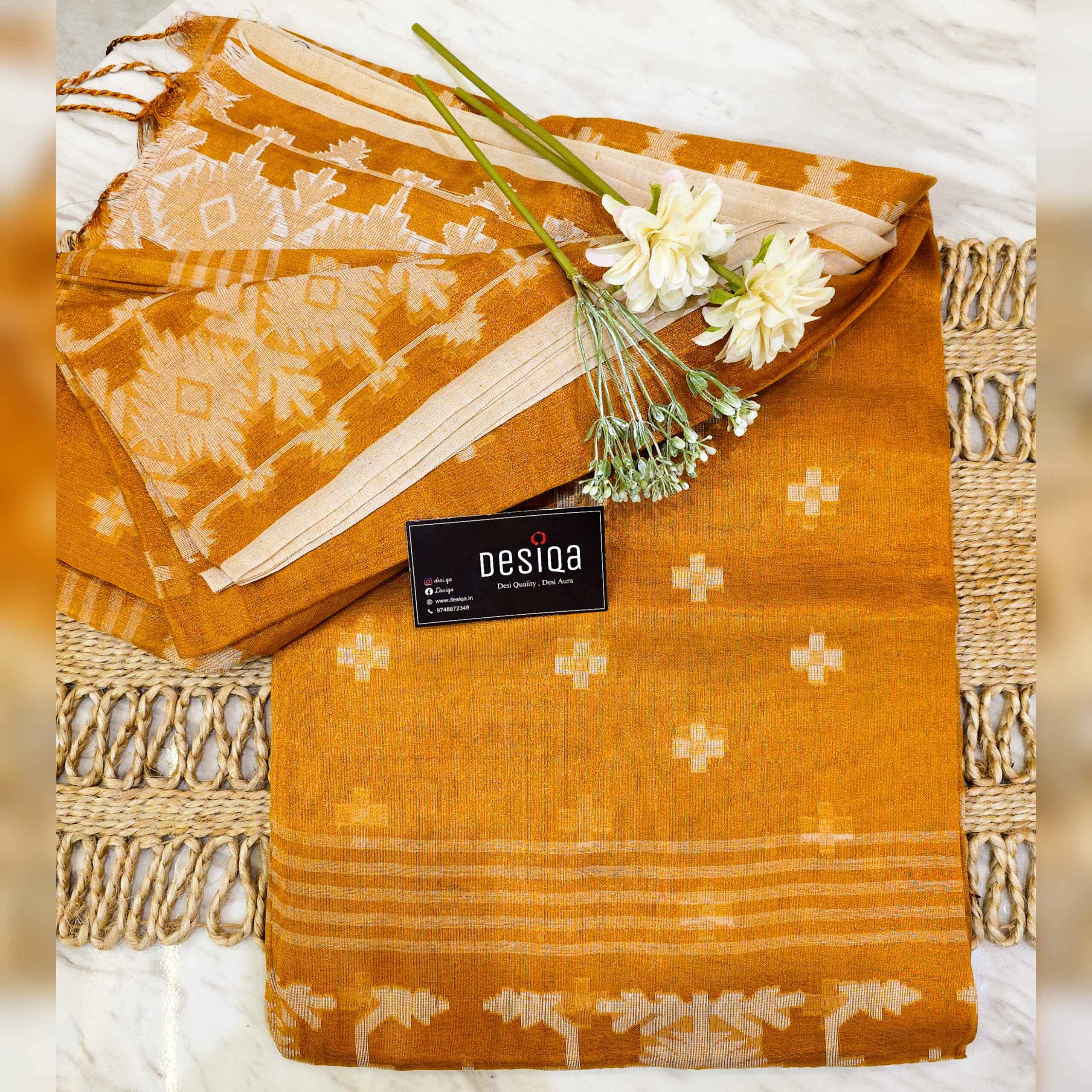 Brown Colour Cotton Tissue Jamdani Work Saree - Image 2