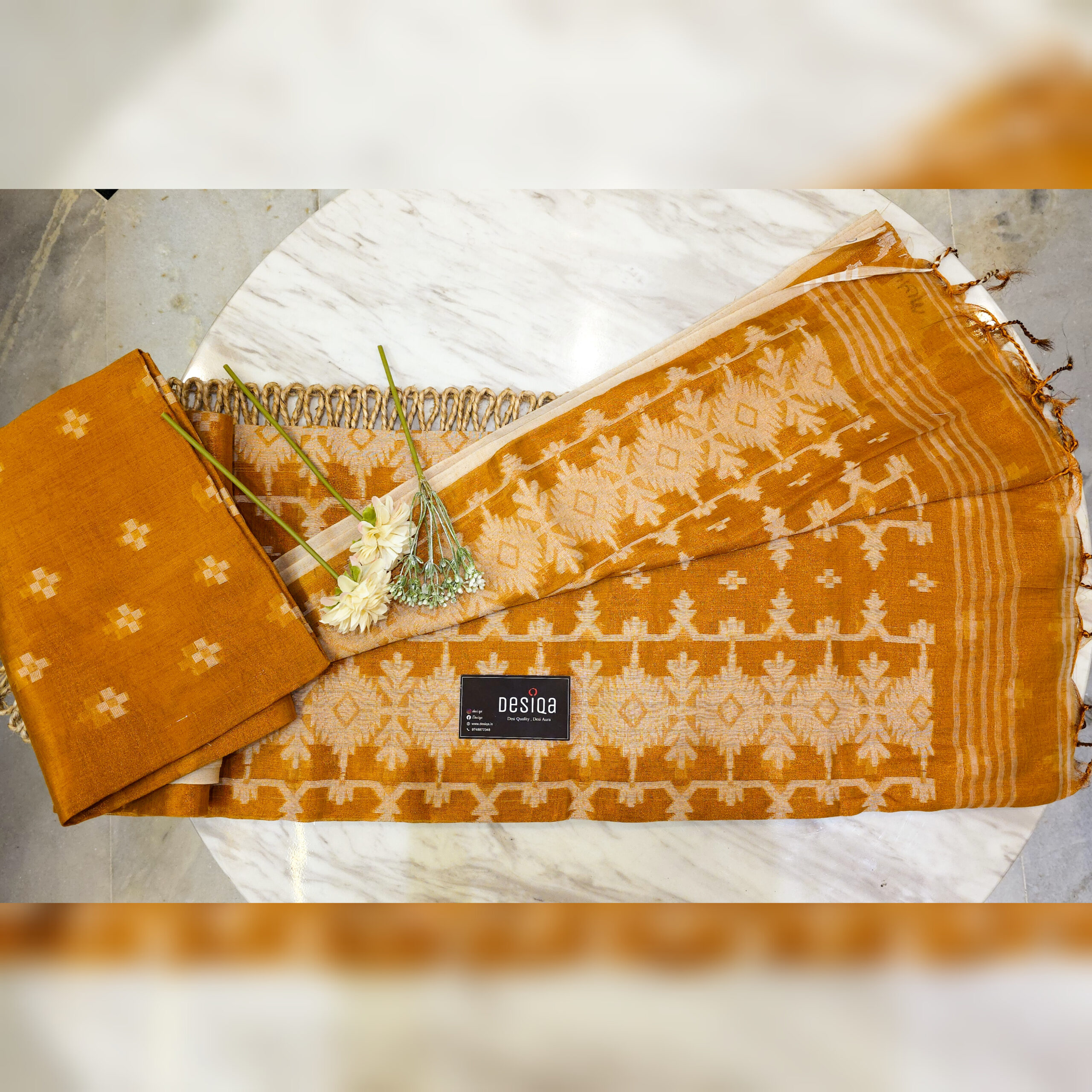Brown Colour Cotton Tissue Jamdani Work Saree - Image 3