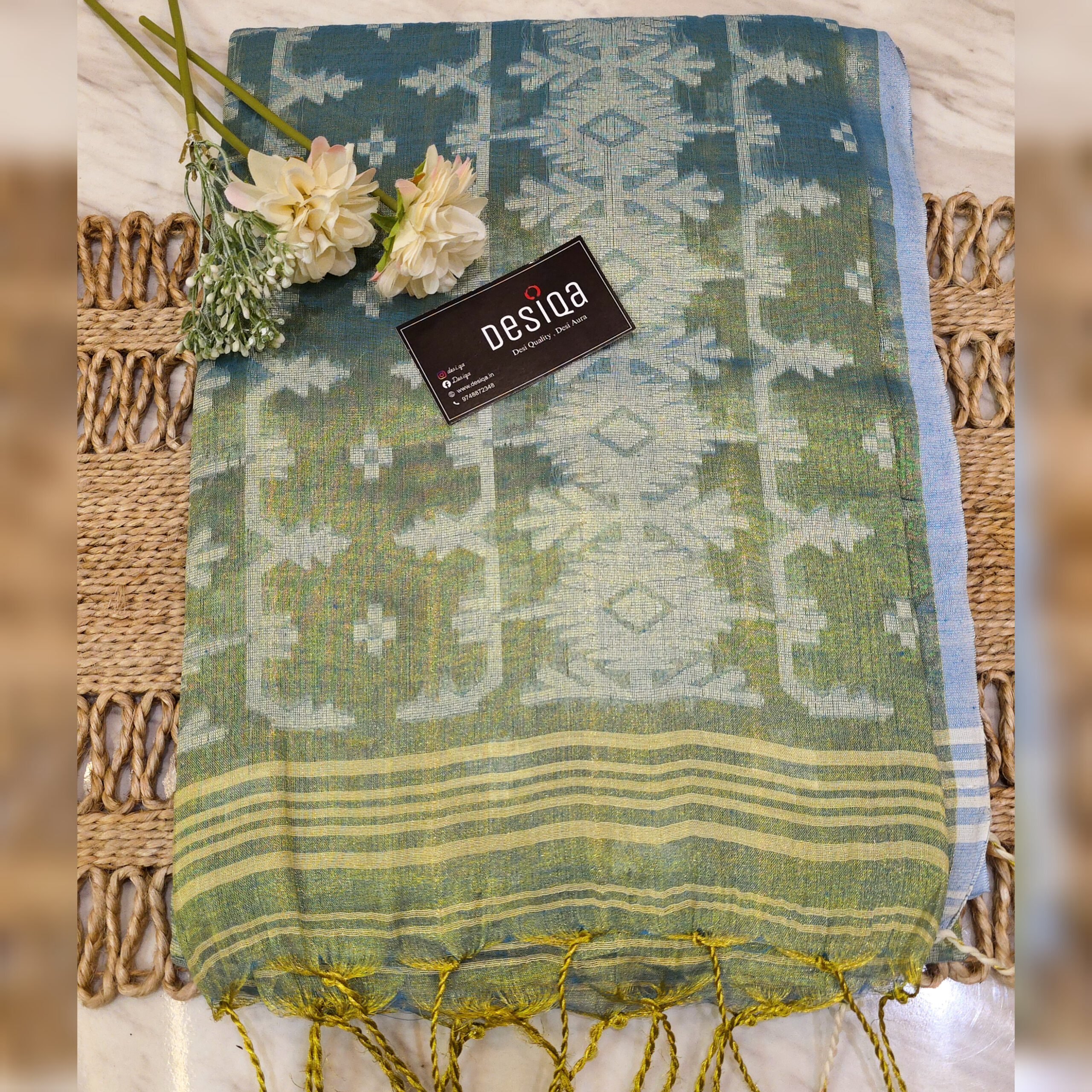 Golden Green Dual Tone Colour Cotton Tissue Jamdani Work Saree