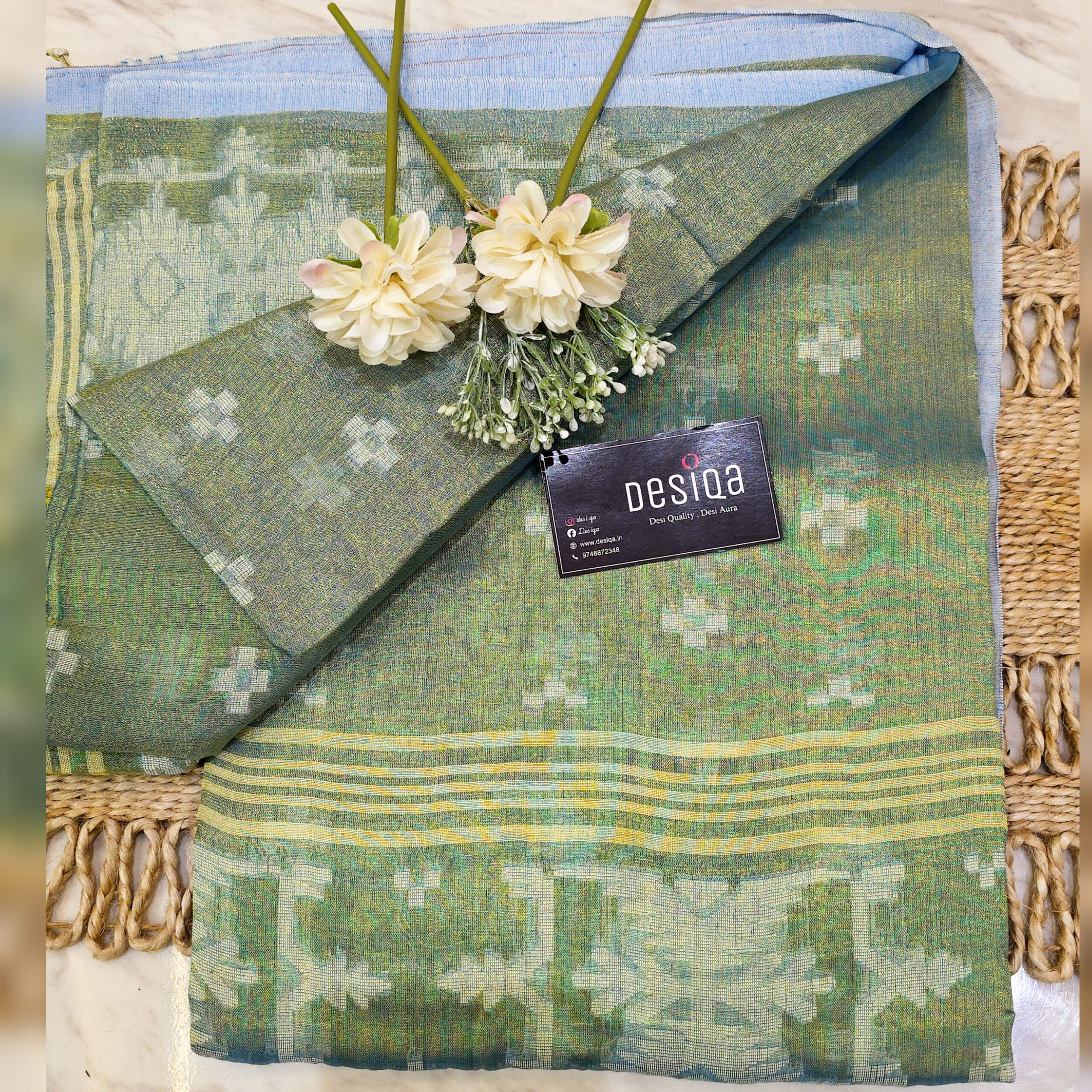 Golden Green Dual Tone Colour Cotton Tissue Jamdani Work Saree - Image 2
