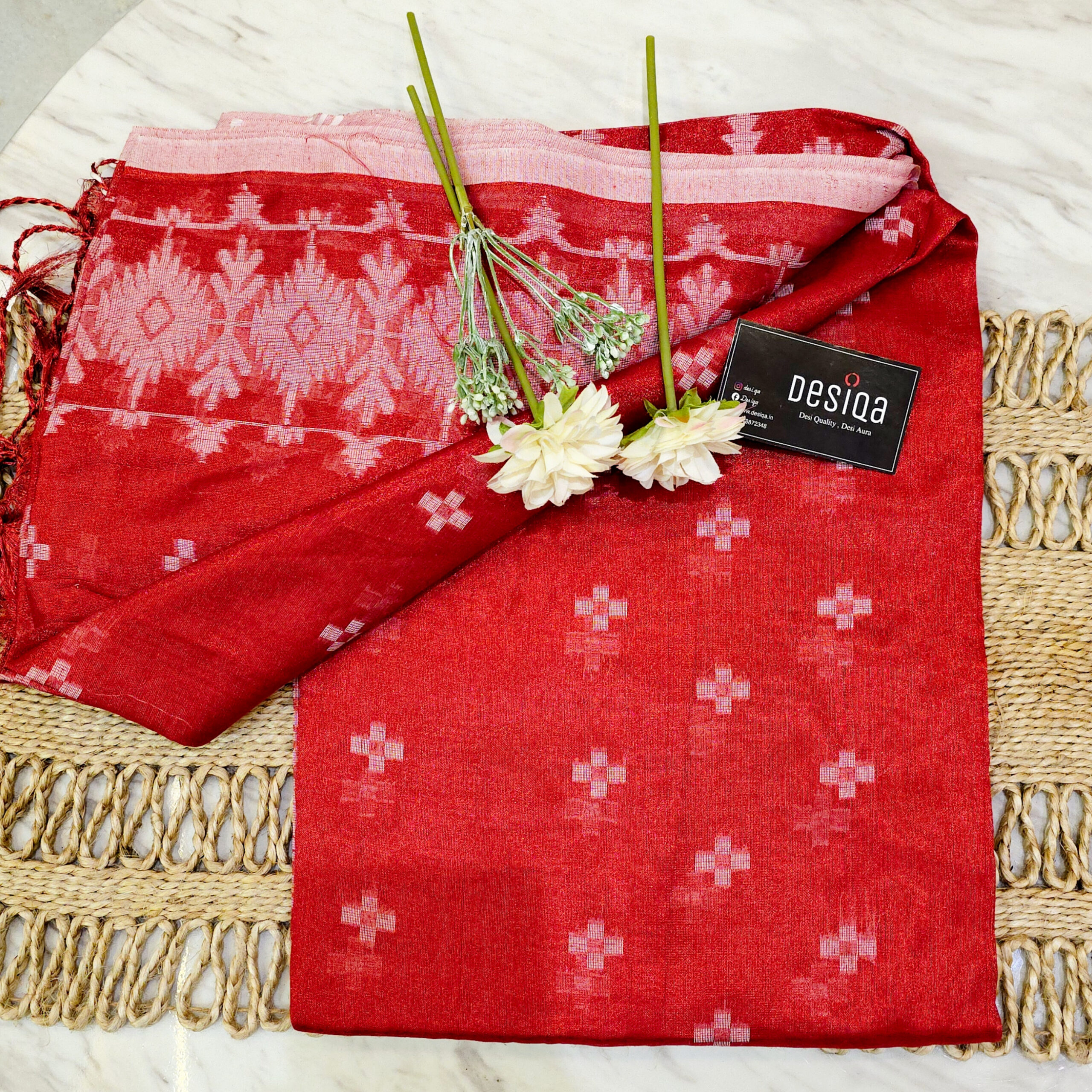 Red Cotton Tissue Jamdani Work Saree - Image 6