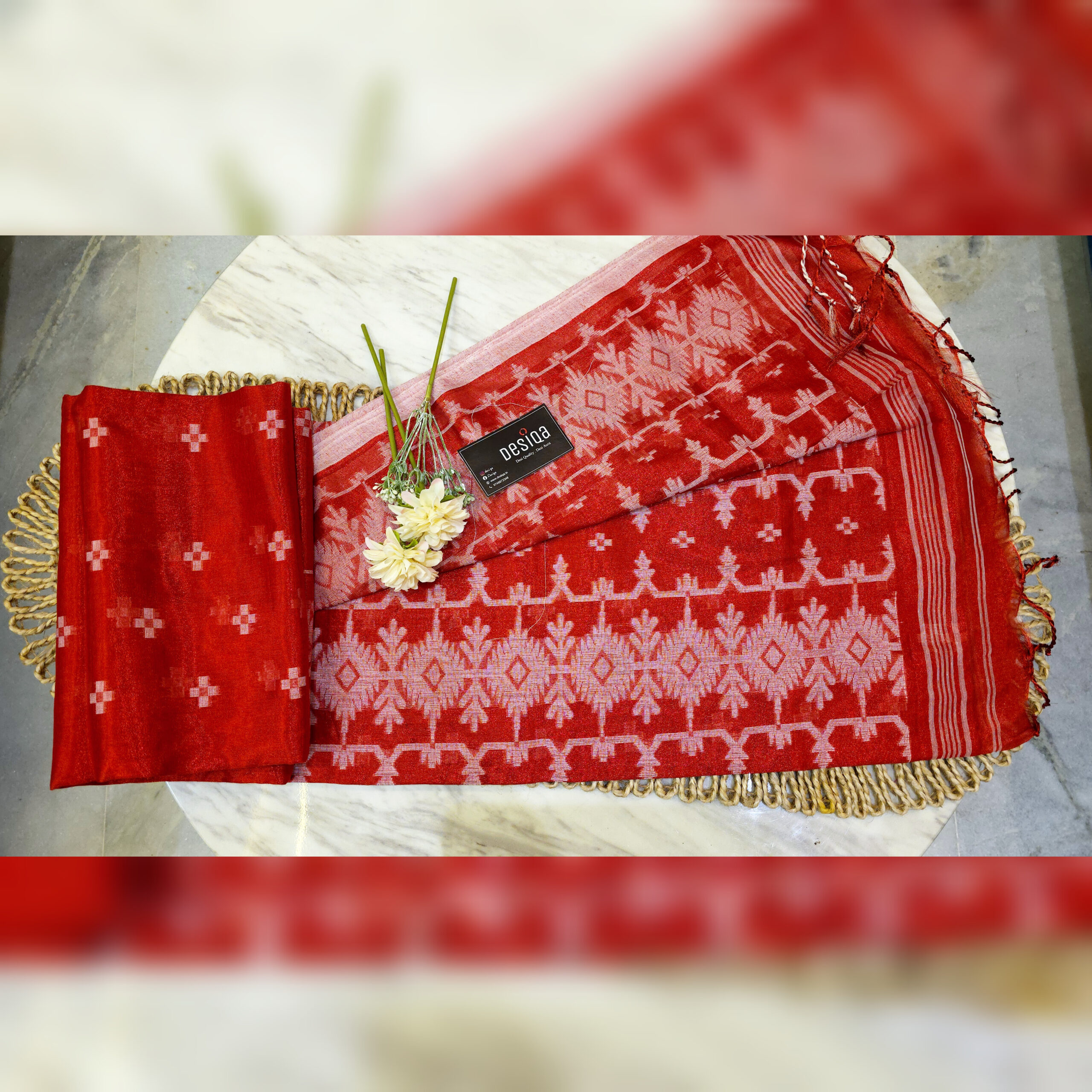 Red Cotton Tissue Jamdani Work Saree - Image 7