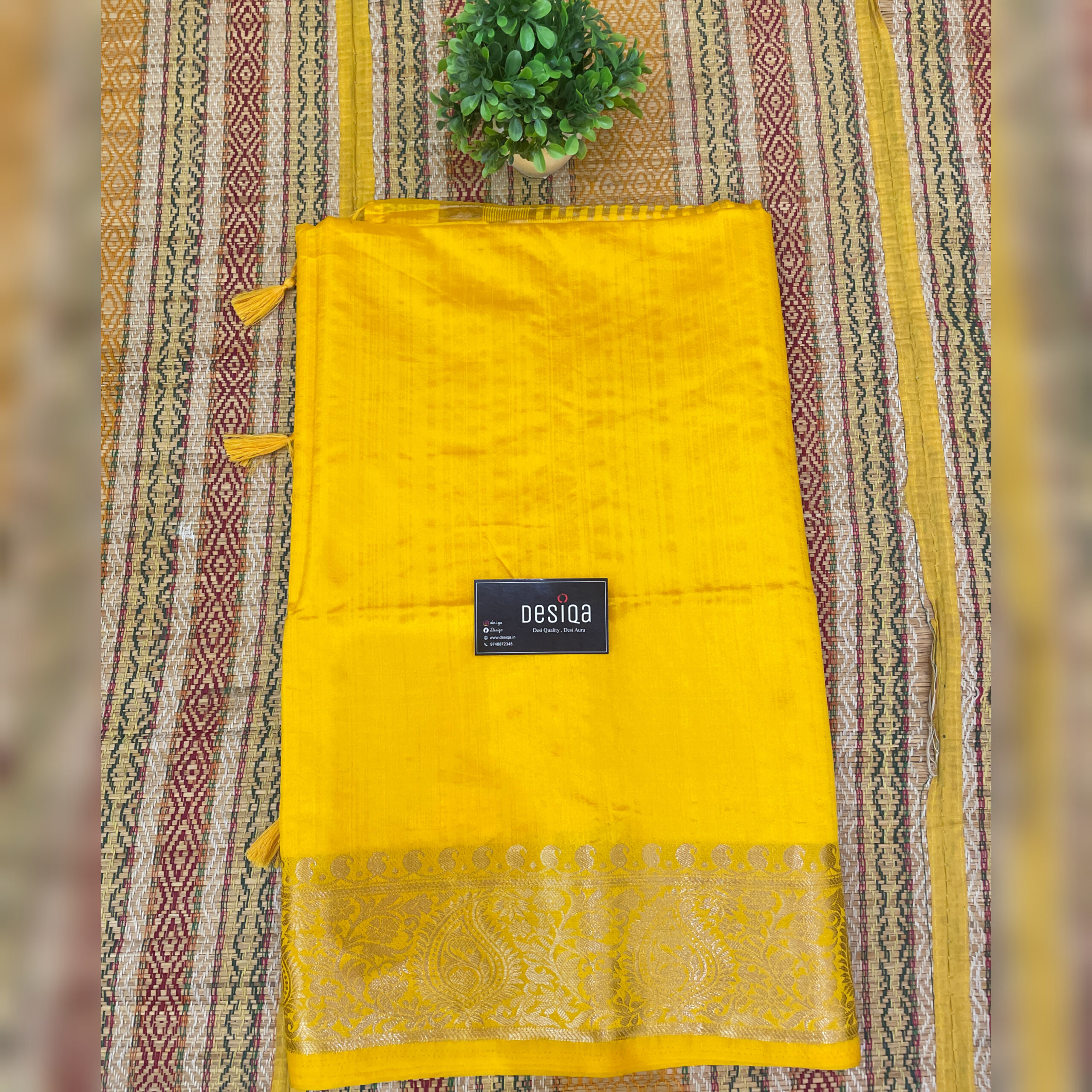 Yellow Semi Motka Silk With Golden Zari Border Saree - Image 3
