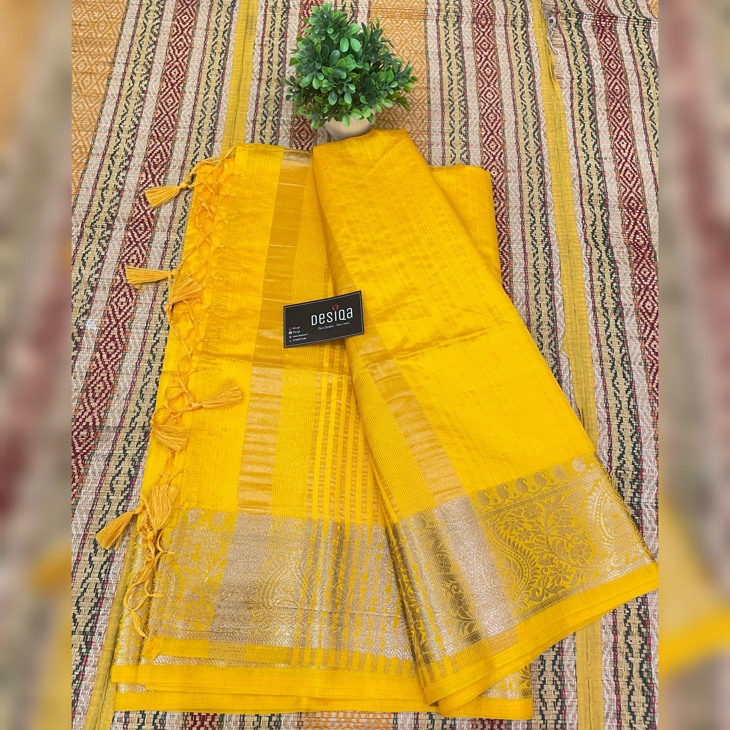 Yellow Semi Motka Silk With Golden Zari Border Saree - Image 2
