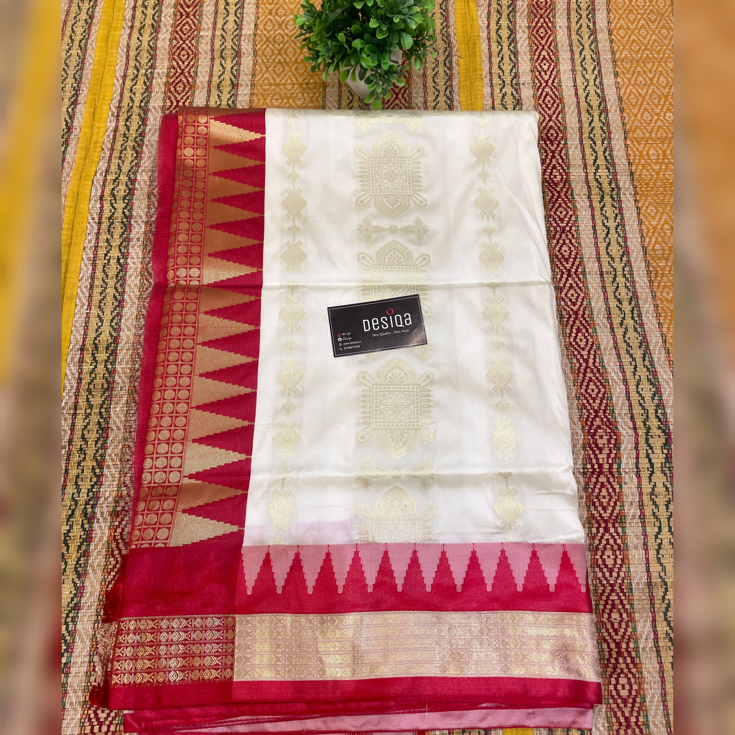 Cream & Red Colour Semi Garad Silk Saree - Image 2