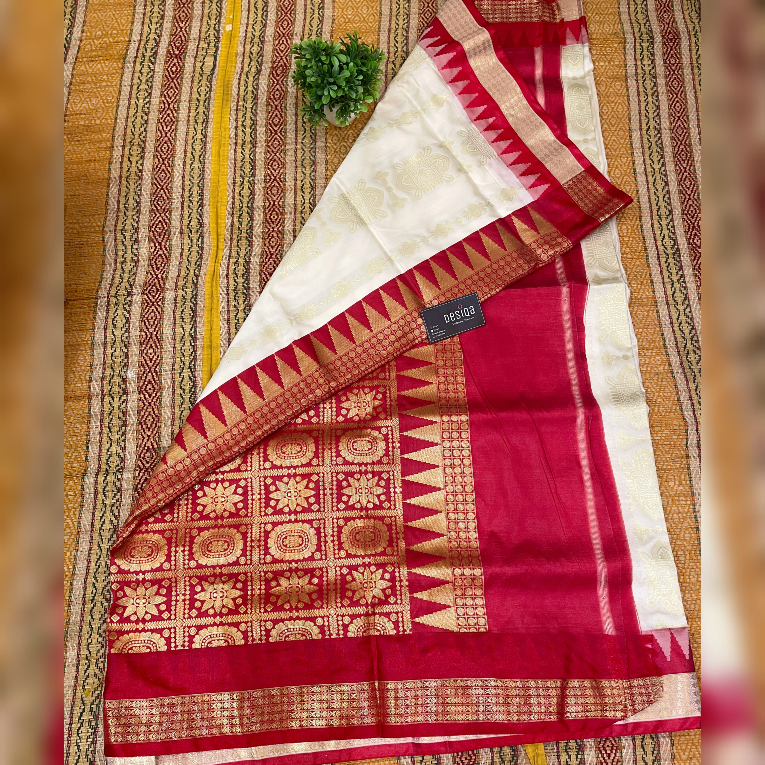 Cream & Red Colour Semi Garad Silk Saree - Image 3