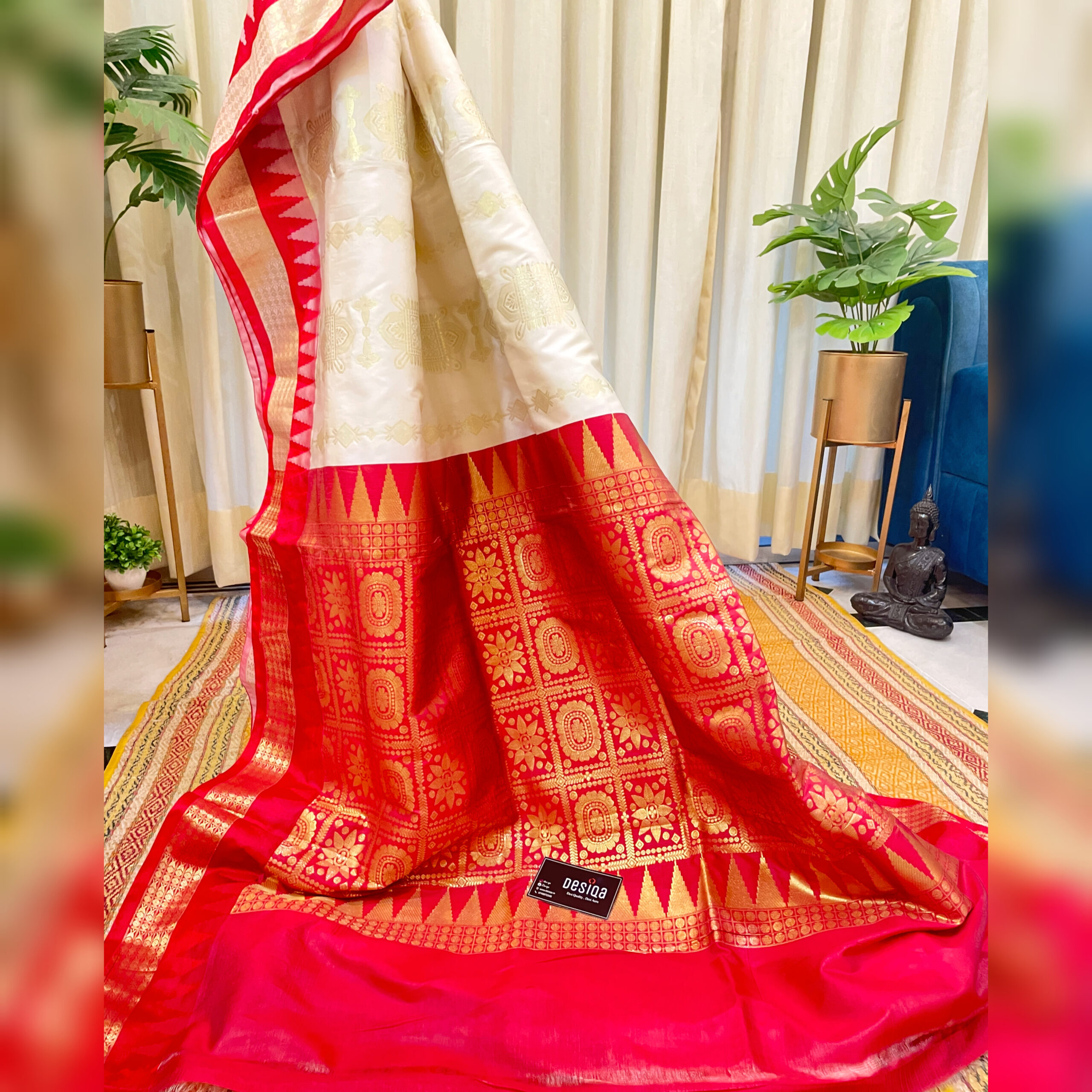 Cream & Red Colour Semi Garad Silk Saree