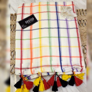 White with Multi Colour Check Mul Mul Cotton Handloom Saree