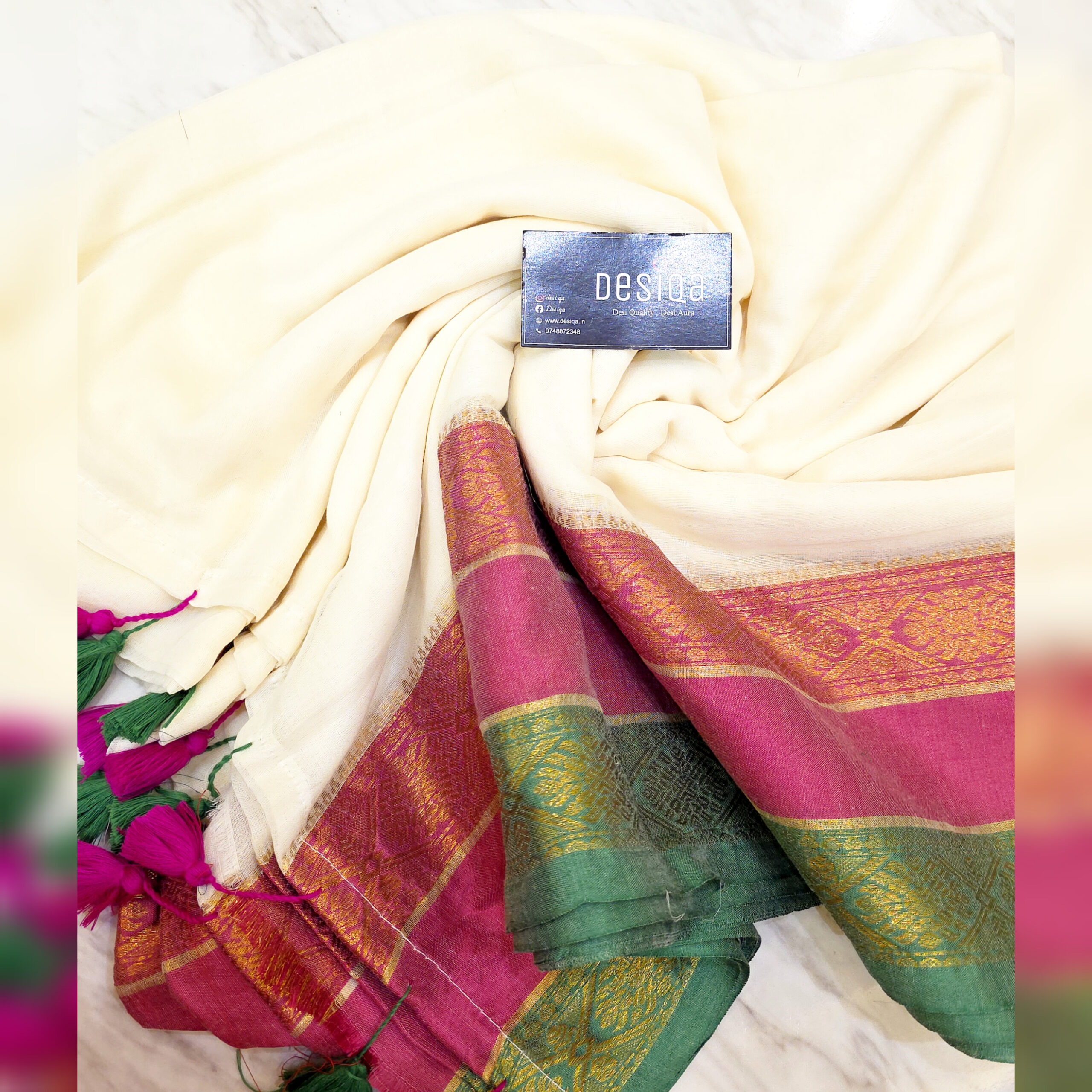 White Colour Kanchi Border Mul Mul Cotton Handloom Saree - Image 3