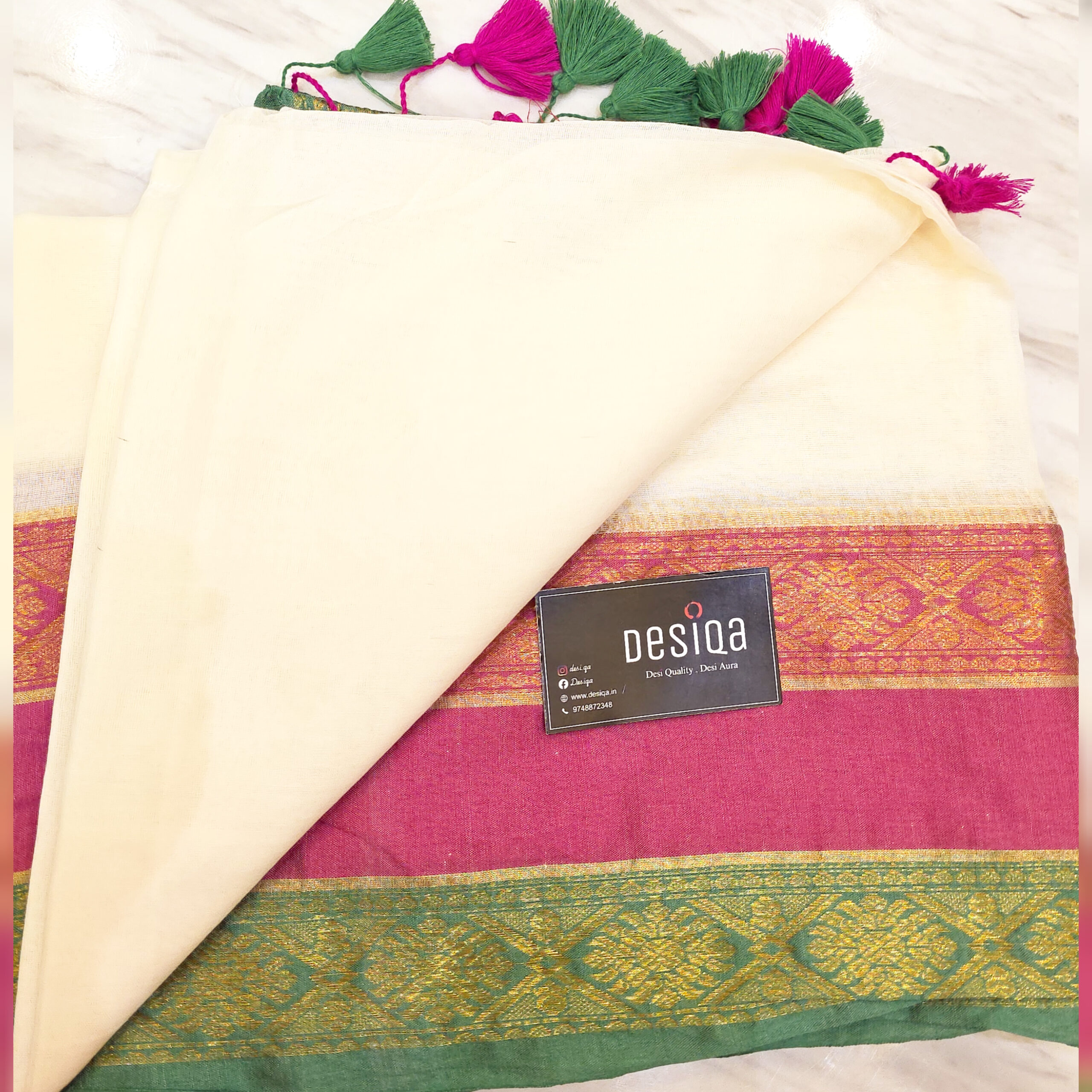 White Colour Kanchi Border Mul Mul Cotton Handloom Saree - Image 4