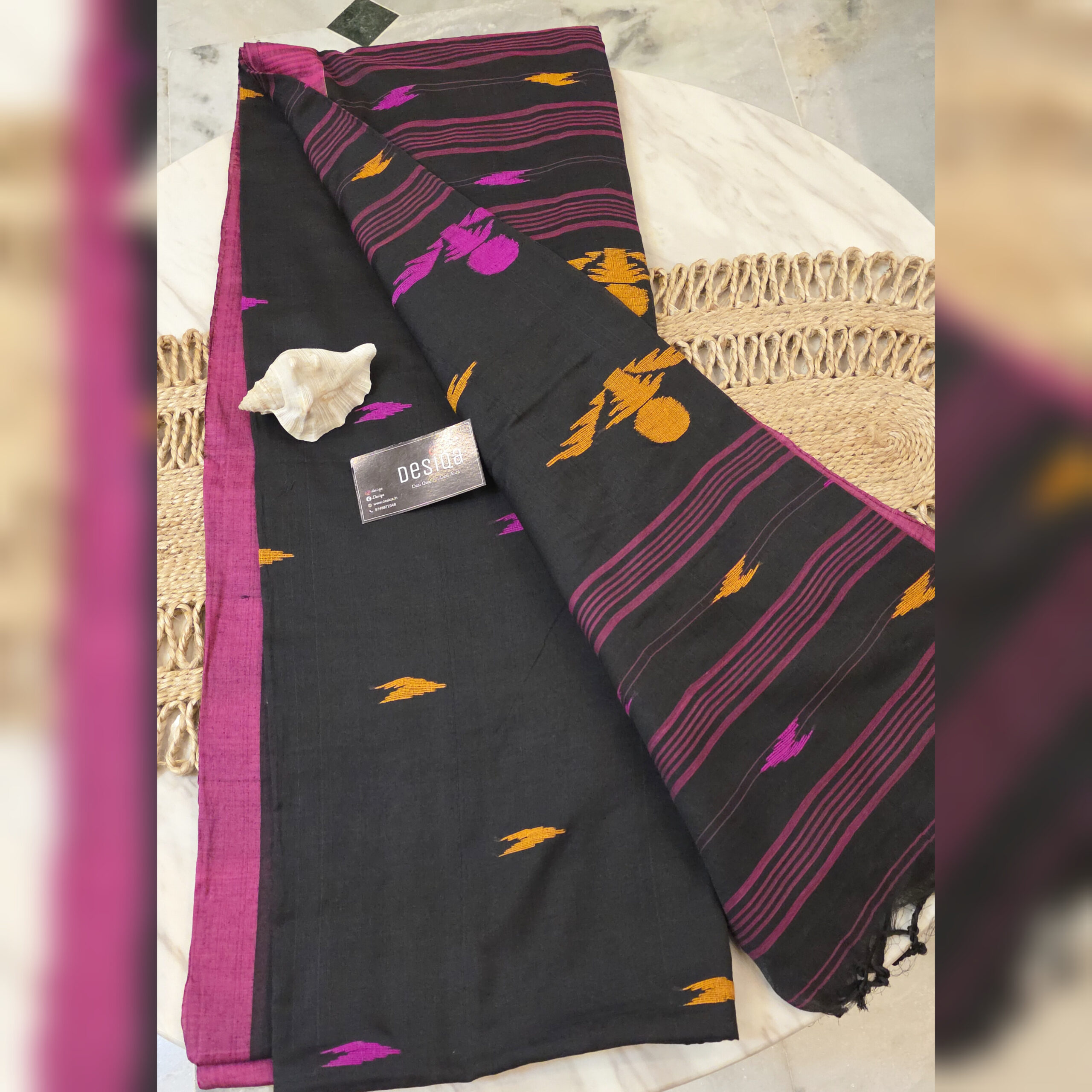 Black Colour Jamdani Work Mul Mul Cotton Handloom Saree - Image 3