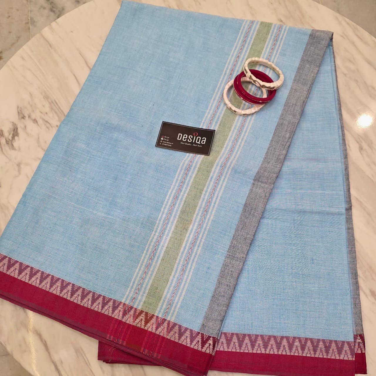 Sky Blue with Red Par Dhonekhali Saree - Image 2
