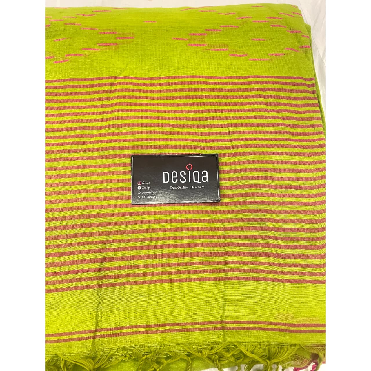 Green with Pink Border Mul Mul Cottton Handloom Saree