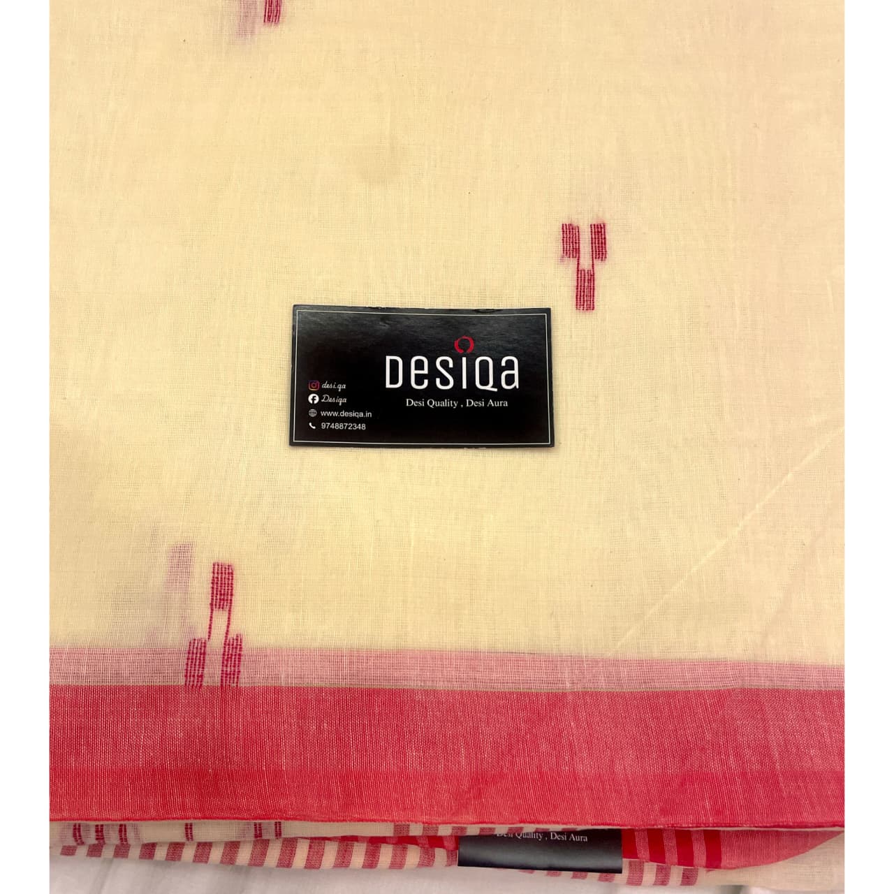 Cream color with Red Border Mul Mul Cotton Handloom Saree - Image 7