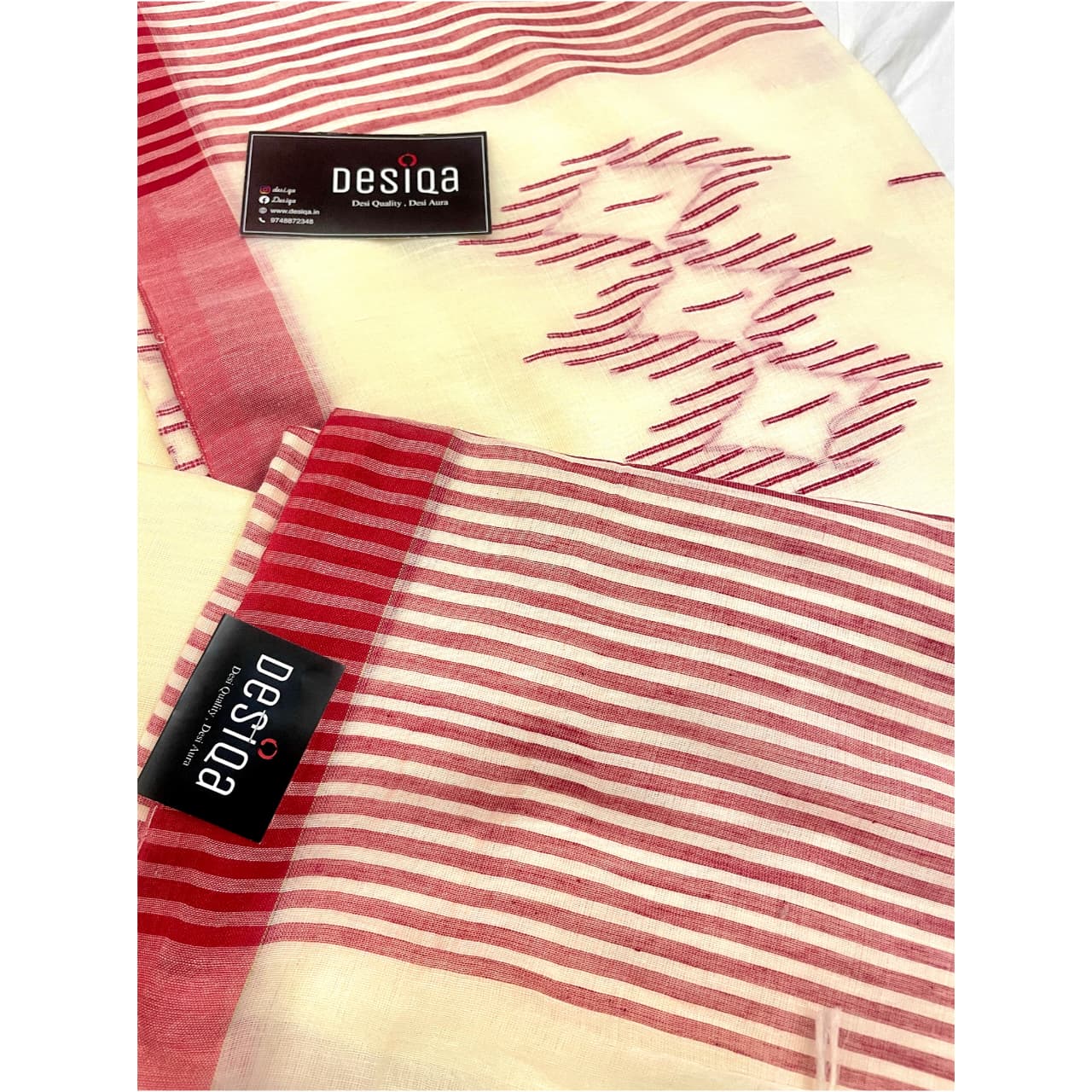 Cream color with Red Border Mul Mul Cotton Handloom Saree - Image 3