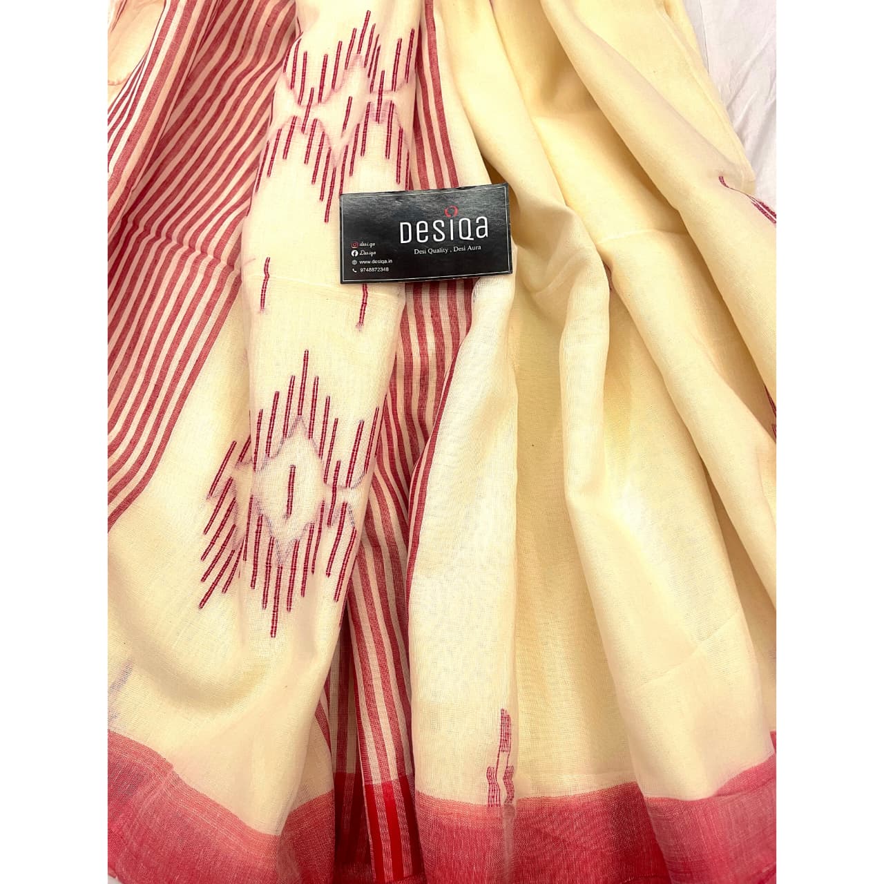 Cream color with Red Border Mul Mul Cotton Handloom Saree - Image 6