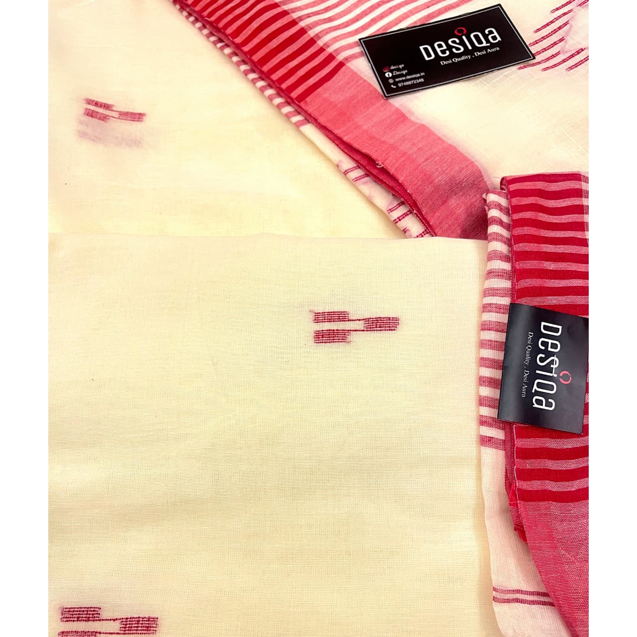 Cream color with Red Border Mul Mul Cotton Handloom Saree - Image 5