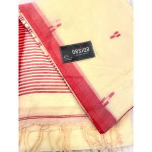 Cream color with Red Border Mul Mul Cotton Handloom Saree