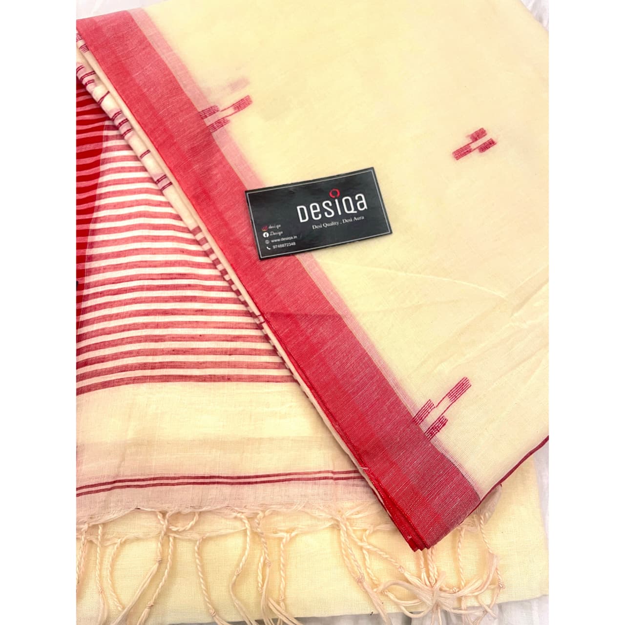 Cream color with Red Border Mul Mul Cotton Handloom Saree