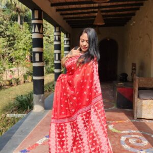 Red Cotton Tissue Jamdani Work Saree