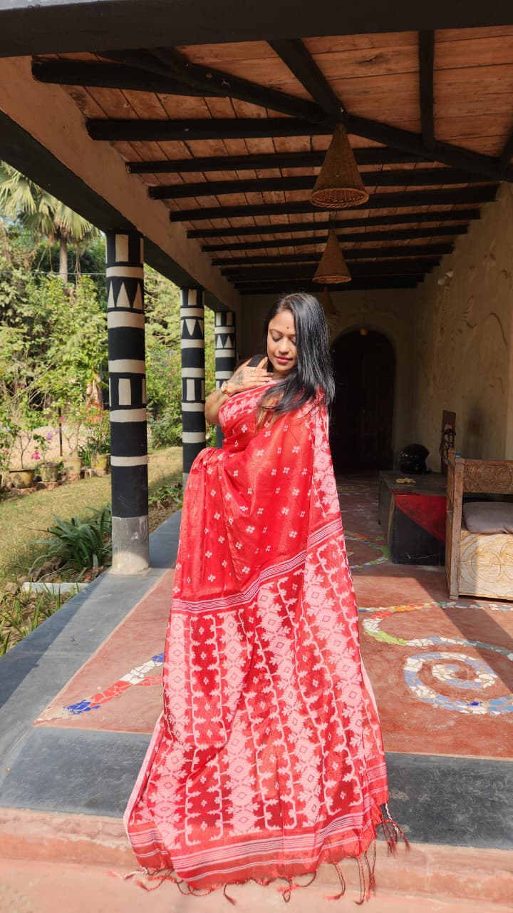 Red Cotton Tissue Jamdani Work Saree
