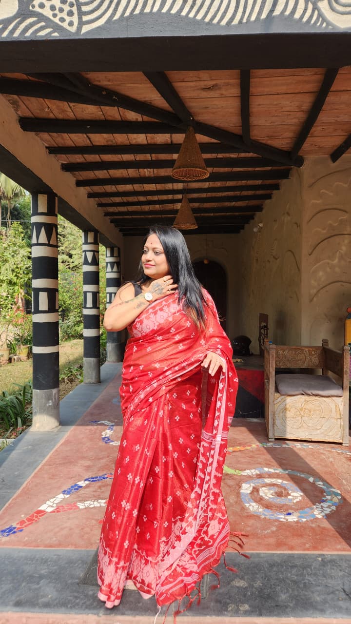 Red Cotton Tissue Jamdani Work Saree - Image 2