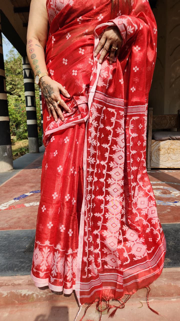 Red Cotton Tissue Jamdani Work Saree - Image 5