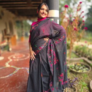 Black with Bullion Stitch Embroidery Mul Mul Cotton Saree