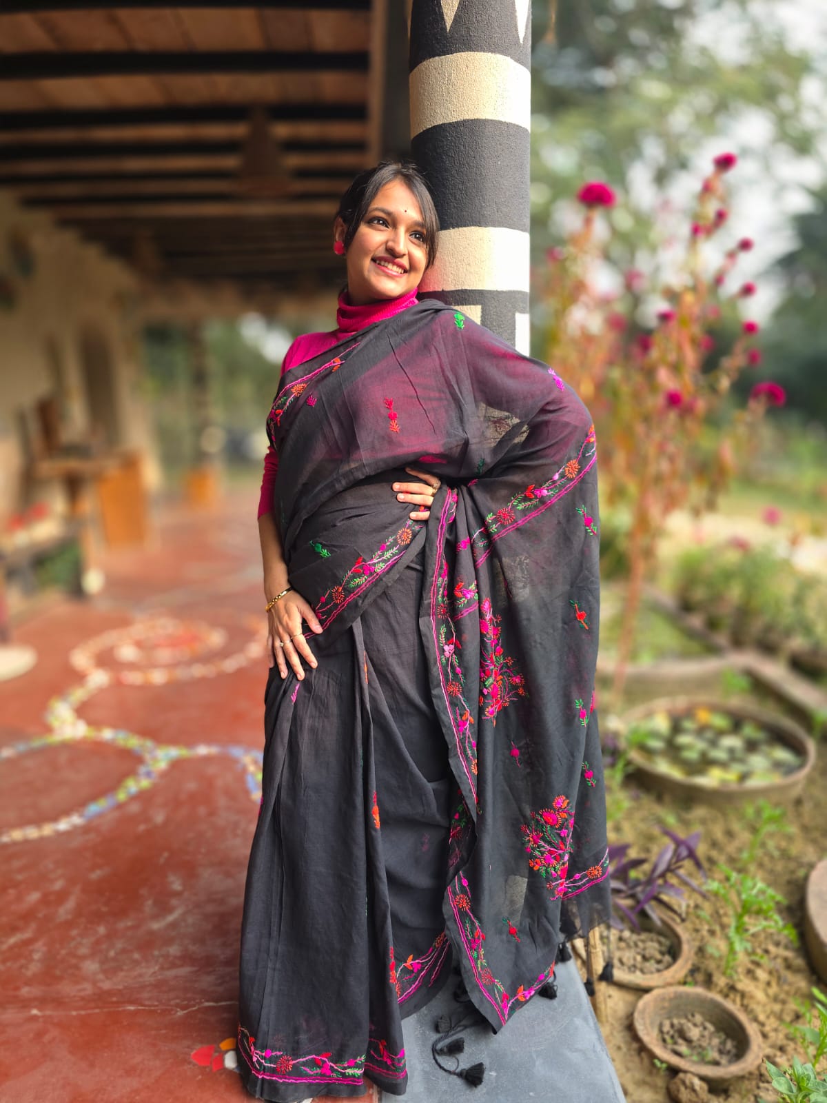 Black with Bullion Stitch Embroidery Mul Mul Cotton Saree