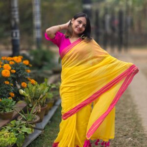 Yellow & Pink Colour Mul Mul Cotton Handloom Saree