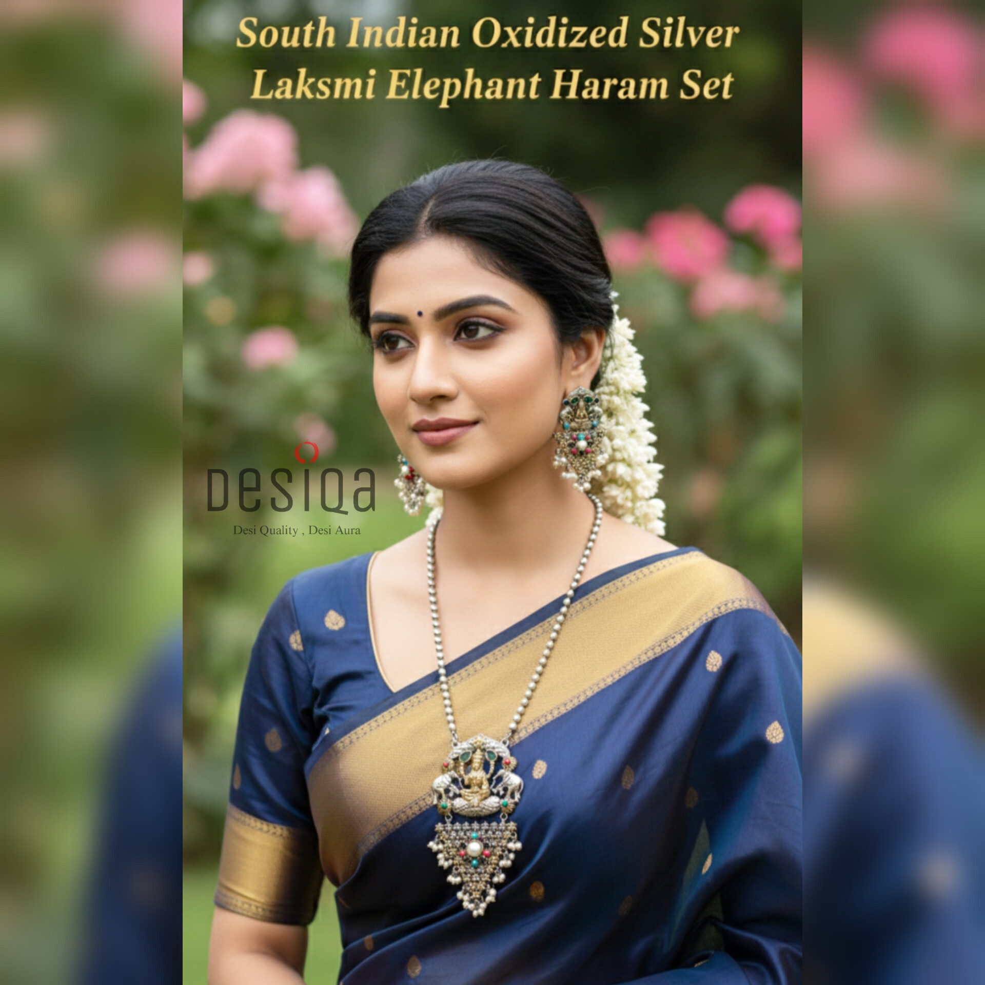 South Indian Oxidized Silver Lakshmi Elephant Haram Set - Image 2