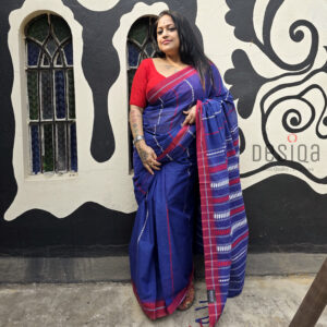 Deep Blue with Red White design Dhonekhali Handloom Saree