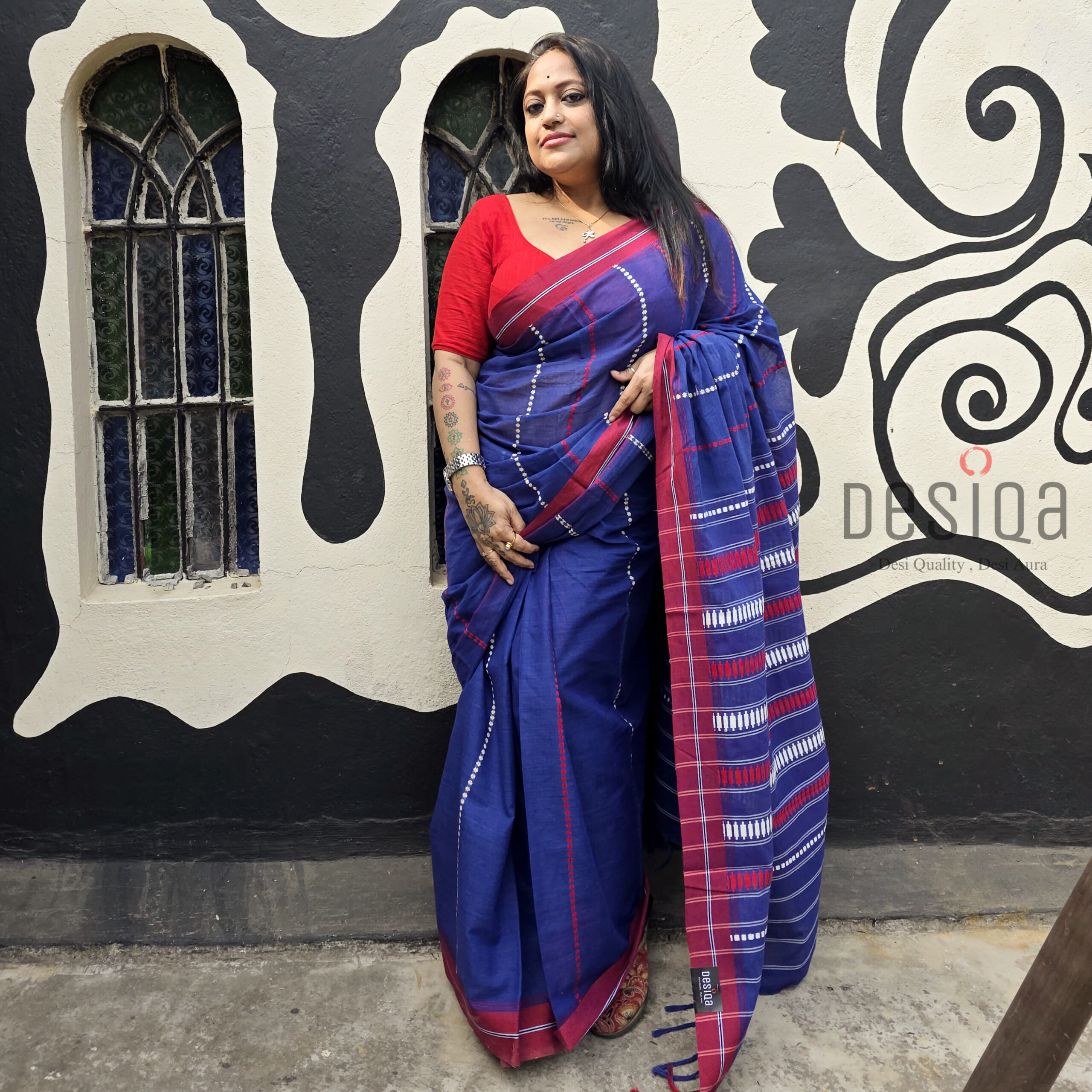 Deep Blue with Red White design Dhonekhali Handloom Saree