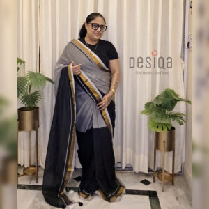 Black & Grey with Golden Border Mul Mul Cotton Handloom Saree
