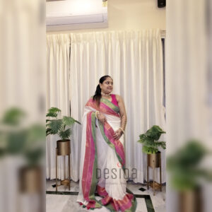 White Colour Kanchi Border Mul Mul Cotton Handloom Saree