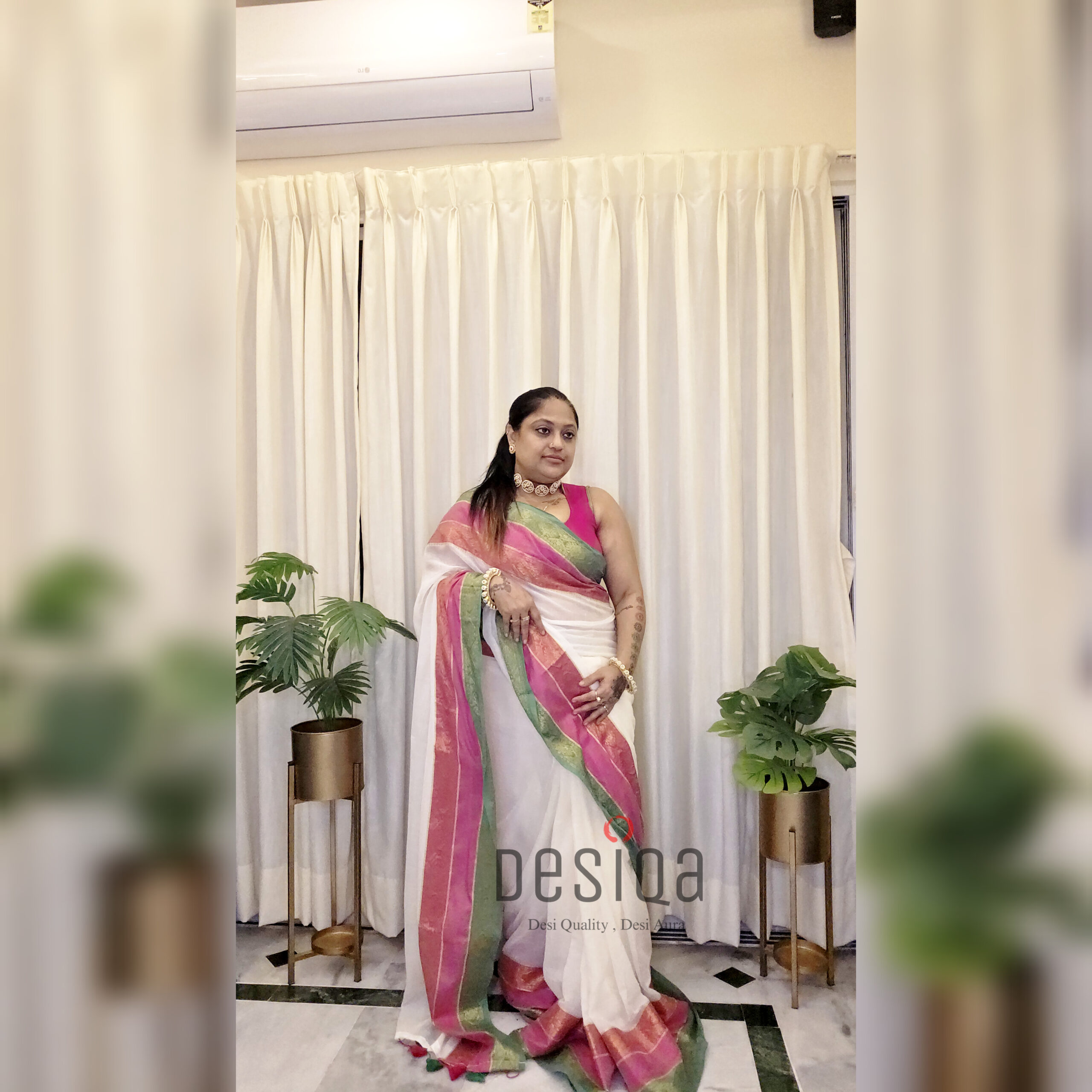 White Colour Kanchi Border Mul Mul Cotton Handloom Saree - Image 2