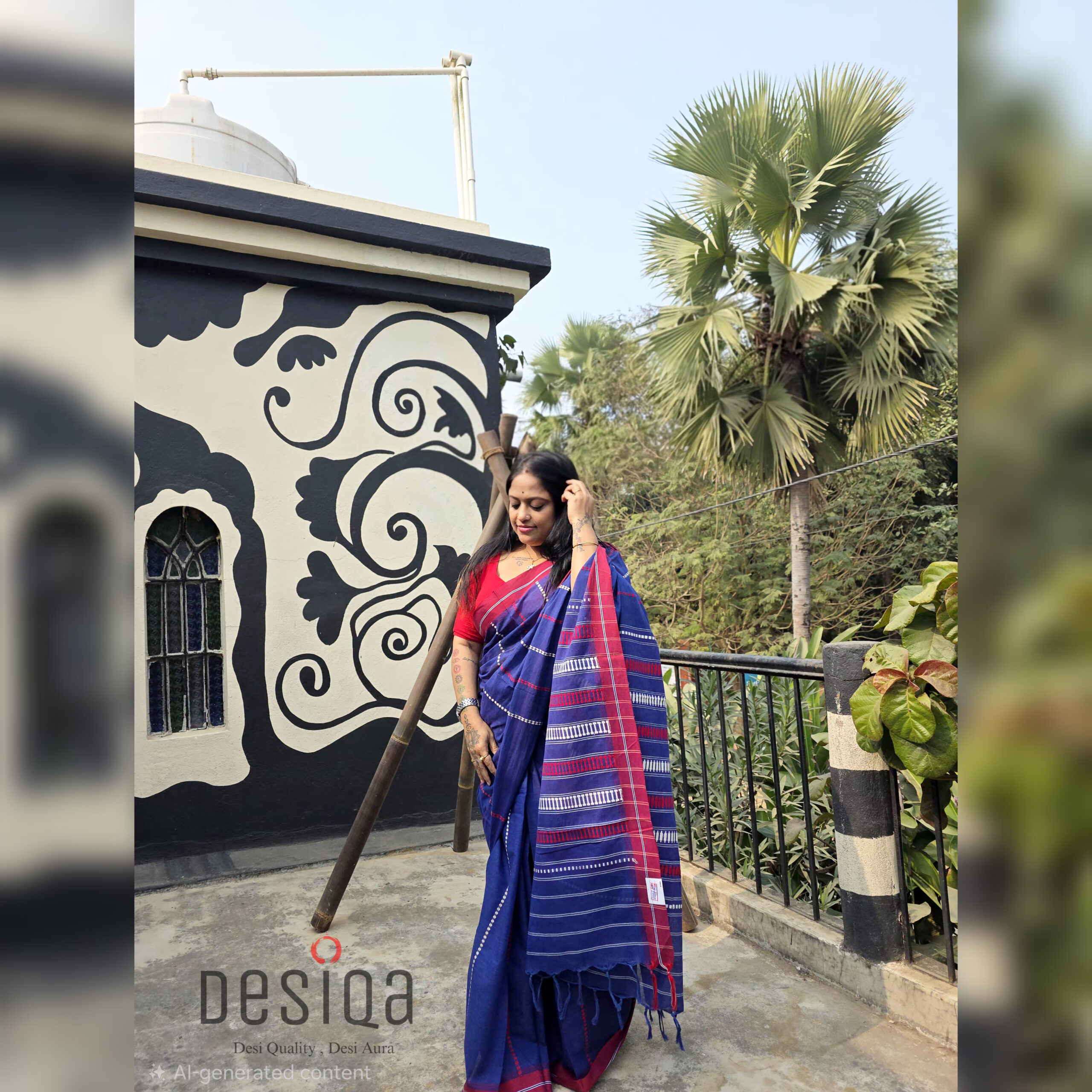 Deep Blue with Red White design Dhonekhali Handloom Saree - Image 2