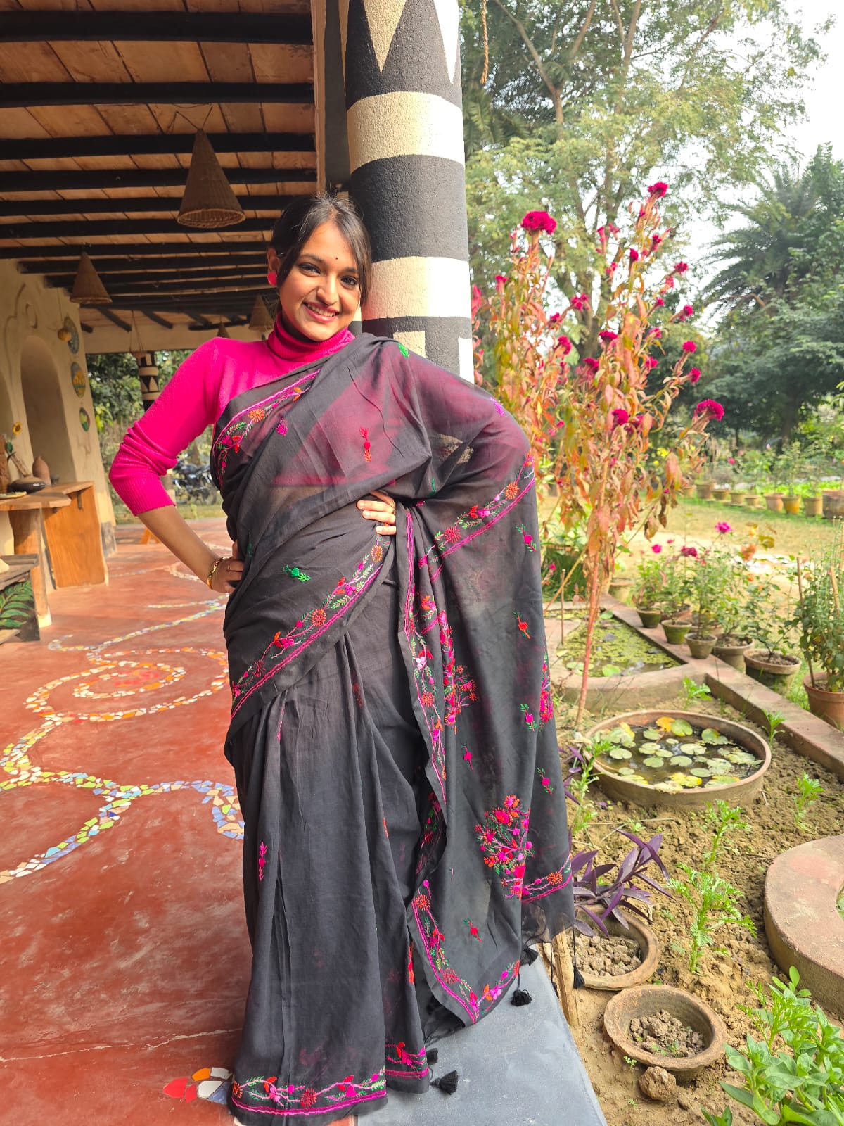 Black with Bullion Stitch Embroidery Mul Mul Cotton Saree - Image 2