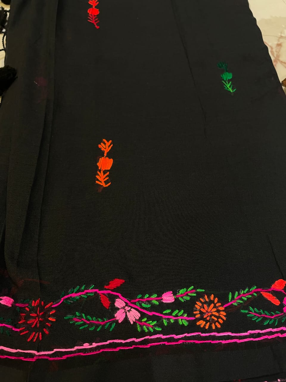 Black with Bullion Stitch Embroidery Mul Mul Cotton Saree - Image 6
