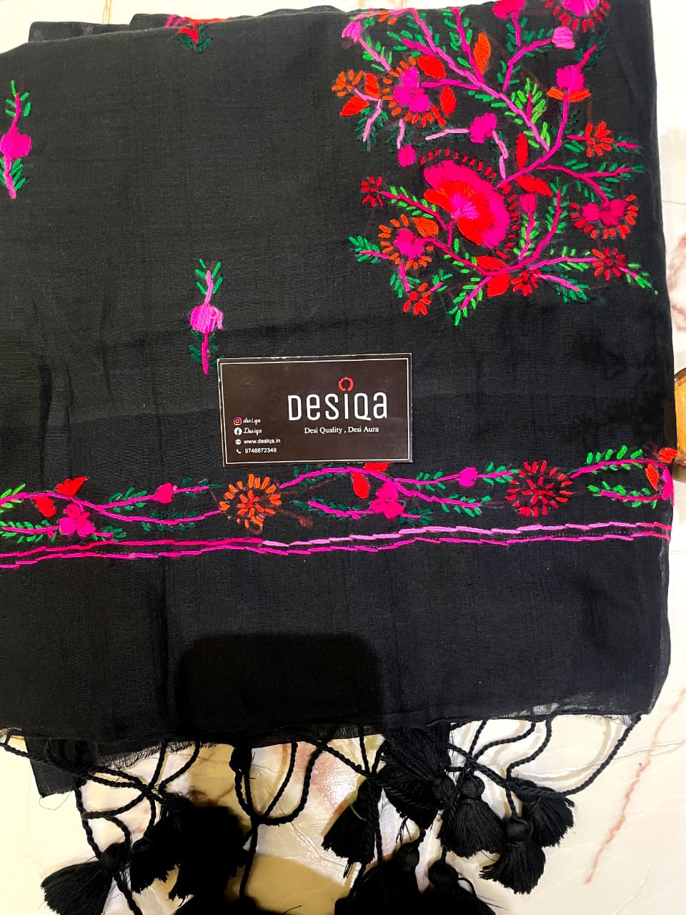 Black with Bullion Stitch Embroidery Mul Mul Cotton Saree - Image 8