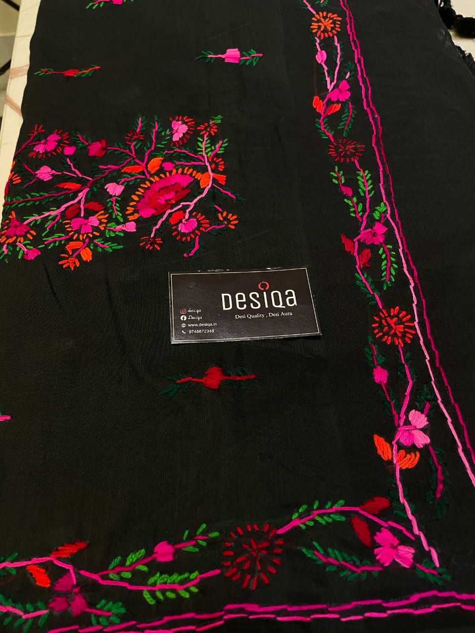 Black with Bullion Stitch Embroidery Mul Mul Cotton Saree - Image 5