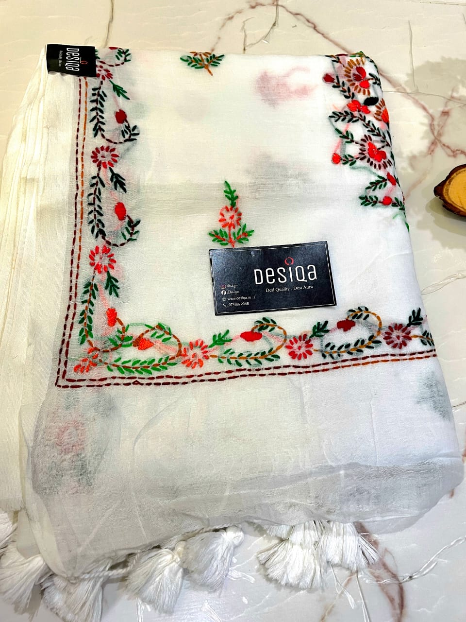 White with Bullion Stitch Embroidery Mul Mul Cotton Saree - Image 2