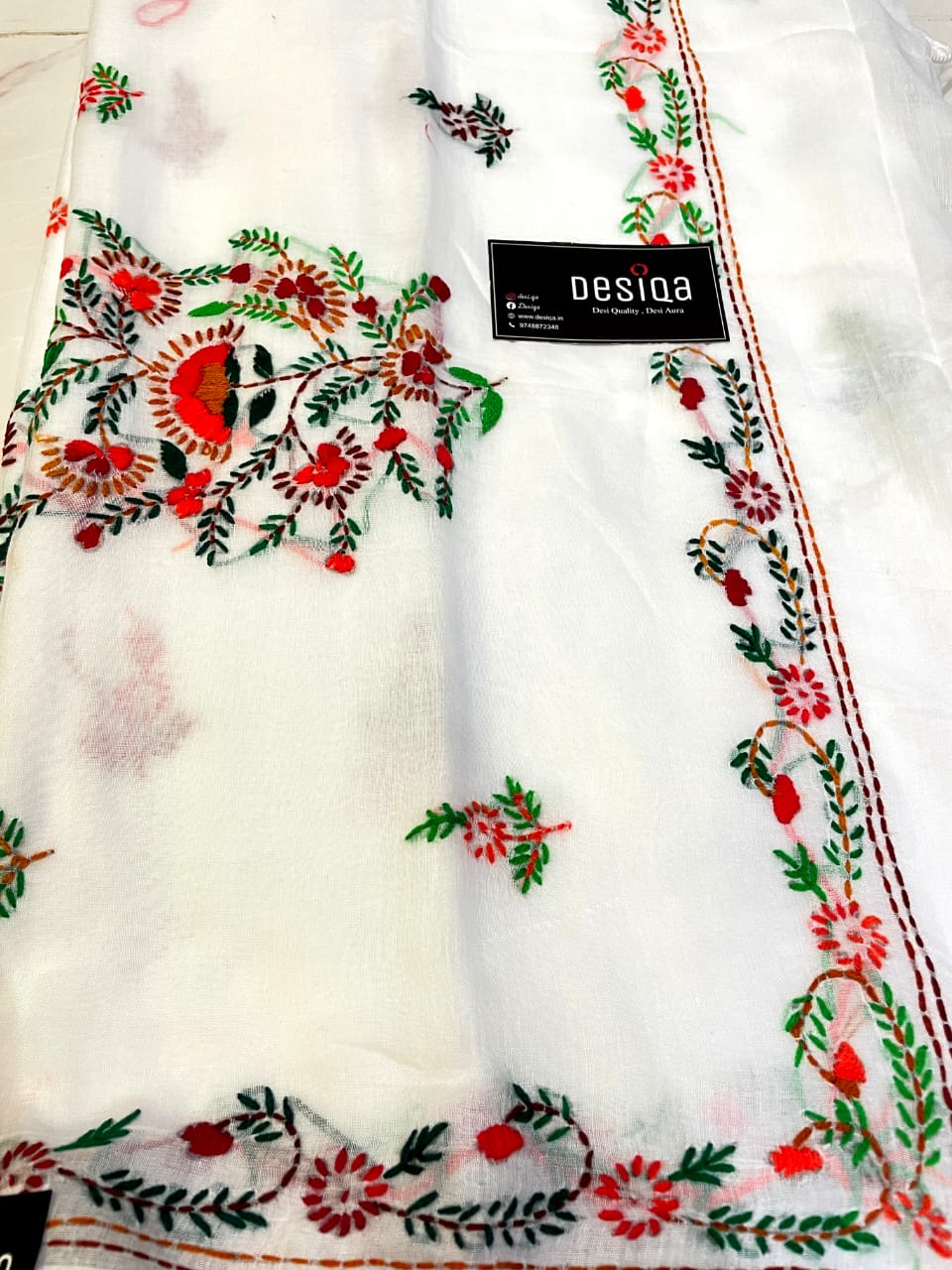 White with Bullion Stitch Embroidery Mul Mul Cotton Saree - Image 4