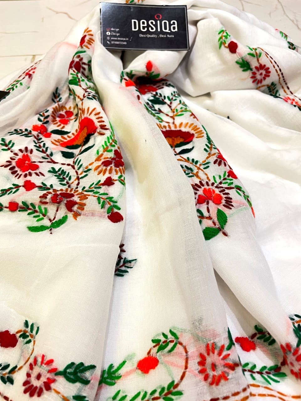 White with Bullion Stitch Embroidery Mul Mul Cotton Saree