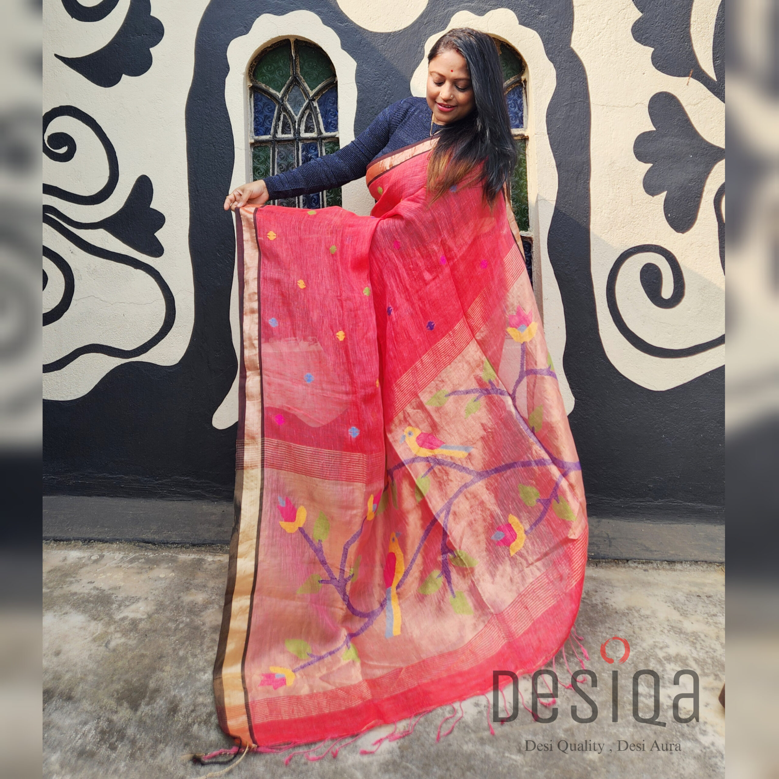 Pink Colour Pure Linen Jamdani Work Bird Motifs Saree - Image 2